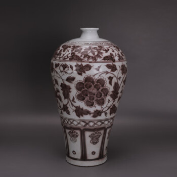 中国古美術/釉裏紅牡丹唐草文瓶/元時代 TG201