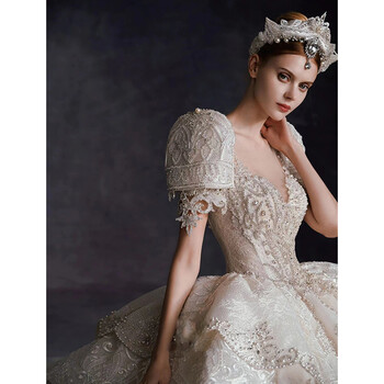 高定婚纱2022新款新娘结婚重工大拖尾质感宫廷风法式主纱 齐地婚纱 xs