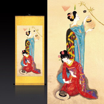 日本料理挂画日式风格餐厅丝绸画装饰画和服仕女图浮世绘卷轴画 b款