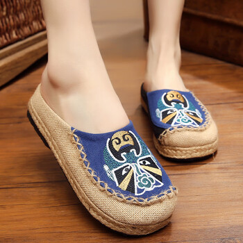 女士亚麻布凉鞋夏季老北京鞋女外穿包头脸谱平底民族风绣花拖鞋复古女