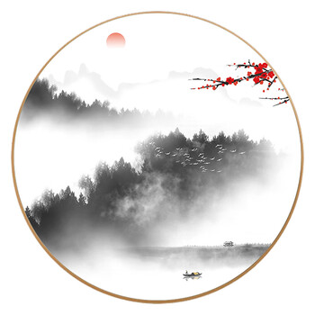 新中式圆形框装饰画中国风挂画禅意水墨山水壁画客厅玄关背景墙画 f款