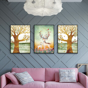 北欧风格装饰画沙发背景墙现代简约墙画客厅挂画梦幻森林三联壁画yjlj