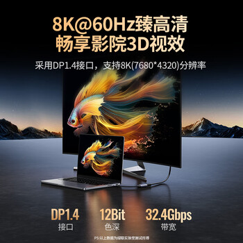 绿联Type-C转DP1.4转接头母口连接线适用雷电4/5转换器8K60/2K300Hz外接显示器投屏/MacBook笔记本手机