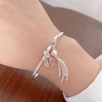 晴夫人小福字银手镯女999足银小众设计年轻款古风可刻字流苏足银镯子