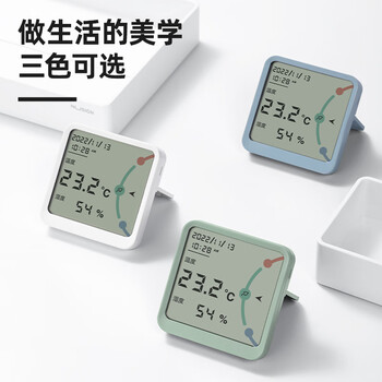 纽赛（NUSIGN）轻薄时尚高精度温湿度计婴儿老人儿童礼物生日礼品室温计时钟可立可磁吸贴附墙上绿 NS873