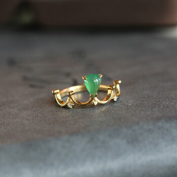 18k金镶嵌冰种满绿翡翠a货王冠皇冠戒指指环送爱人送女友新品 图片色