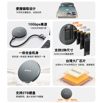 迷虎（Meetiger）m.2硬盘盒磁吸NVMe固态硬盘盒2230/2242适用苹果iPhone15pro Q42N灰色