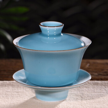 清彩 景德镇手绘青花祭蓝色瓷器 手工品茗杯公道杯盖碗 莲花三才碗