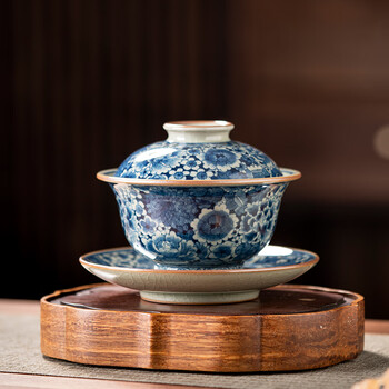 景德镇陶瓷器万花 茶碗 盖碗 粉彩青花三才