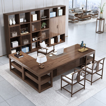 凯德拉 新中式实木办公家具大班台老板桌总裁桌椅组合带抽屉书桌电脑