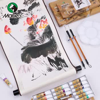 马利（Maries）国画颜料盒装12色5ml水墨画山水画套装毛笔墨汁水桶笔架调色盘毛毡宣纸工具箱国画颜料套装