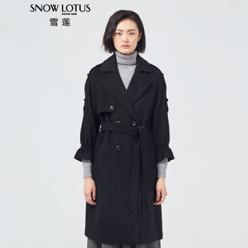 雪莲（SNOW LOTUS）秋冬新款山羊绒长款系带双排扣羊绒女大衣 黑色1628 M/105