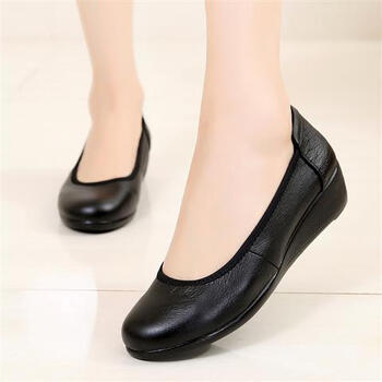 百丽皮鞋女式工作鞋女黑色皮鞋上班鞋平底舒适软底坡跟单鞋职业鞋女鞋