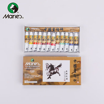 马利（Maries）国画颜料盒装12色5ml水墨画山水画套装毛笔墨汁水桶笔架调色盘毛毡宣纸工具箱国画颜料套装