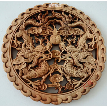 东阳木雕香樟木小挂件中式仿古壁挂圆形镂空雕刻工艺品 西瓜红 双龙