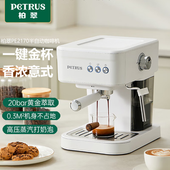 柏翠（petrus）意式压力咖啡机 智能自动萃取 NTC智能控温 小型家用办公室蒸汽打奶泡冰饮咖啡壶 PE2170 海盐白