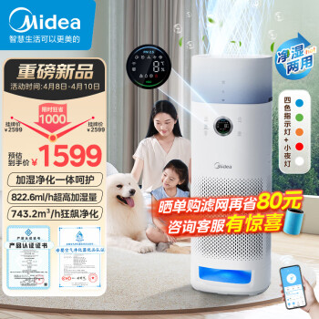 美的(Midea)【医护级+母婴优品双认证】加湿空气净化器一体机除甲醛吸猫毛宠物大风力新风机指示灯KJ600F-LM1S