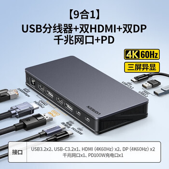 绿联Type-C扩展坞USB-C转DP/HDMI网口转接头拓展坞分线苹果Mac华为雷电4笔记本电脑 4K60Hz 90912