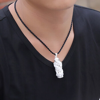 银项链男士霸气马鞭链990足银双龙头祥云百福纹粗颈链潮个性龙柱吊坠