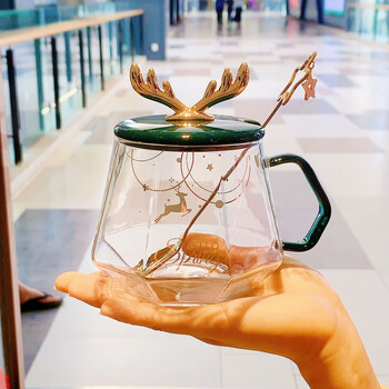 特百惠高颜值风马克杯带盖勺耐热玻璃杯子精致水杯女下午茶咖啡杯男左