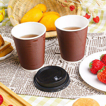 SHUANG YU一次性咖啡杯带盖大号纸杯350ml*30套双层防烫奶茶杯豆浆杯子