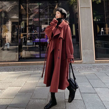 绒毛呢大衣女装高端时尚显瘦外套赫本风呢子外套铁锈红s建议90105斤