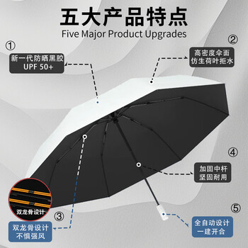米波迪（Meebordi）全自动晴雨伞16骨加大三折黑胶遮阳伞太阳伞女防紫外线晴雨两用伞