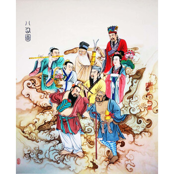 温妤(wxpyu)八仙图道教神像挂画 八仙过海画像丝绸卷轴画 装饰画可