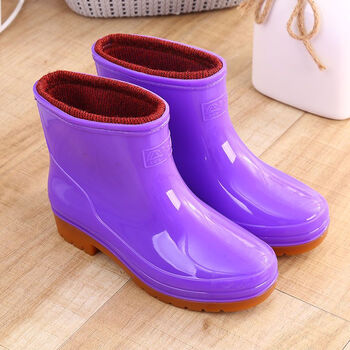 水鞋雨鞋女防臭时尚保暖雨靴轻便厨房防滑短筒防水鞋套鞋 紫色-订棉款