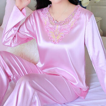 睡衣女春秋季冰丝长袖丝绸套装女士高贵加大码蕾丝性感家居服茵淮11a