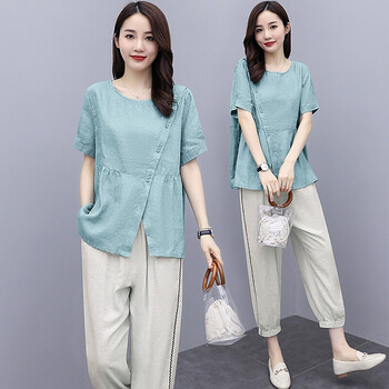 特价捡漏素订棉麻女装官方素素棉麻套装年新款女装宽松中袖九分裤女神