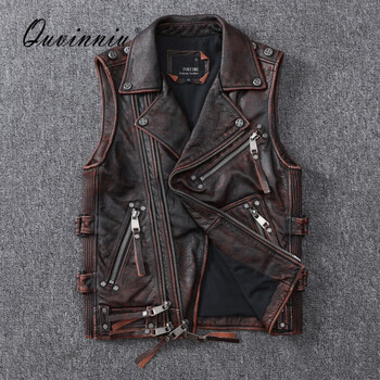 quvinniuhalei新款机车马甲头层牛皮轻奢皮衣男石磨做旧复古短款翻领