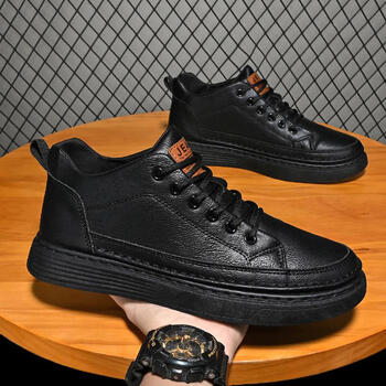 耐克森高帮鞋子男皮鞋男冬季百搭防滑黑色板鞋加绒加厚保暖皮毛一体