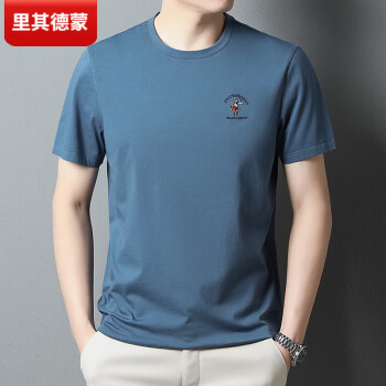里其德蒙（LIQIDEMENG）短袖T恤男2023新款男士上衣服男装潮流修身版纯色纯棉打底衫 中蓝 XL