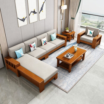 淘邦实木沙发组合 中式布艺沙发家用中大户型客厅家具中式沙发 海棠色