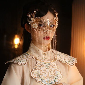 银枪面具半脸古风流苏面帘遮脸古装遮面汉服配饰面纱女道具舞会罩 金