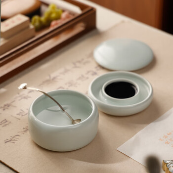 漢墨 汝窑防干墨碟套装 陶瓷防蒸发墨池书法专用砚台带盖2件套 文房四宝学生用高颜值笔洗