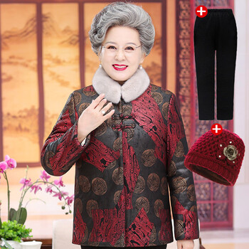 中式棉袄女中老年中国风唐装棉衣老太太加绒加厚保暖棉衣红色裤子帽子