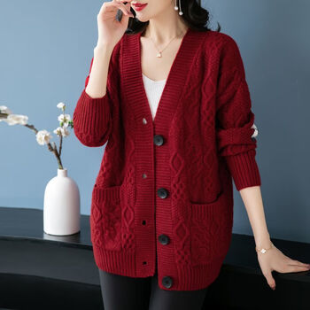 鄂尔多斯新款秋冬针织毛衣开衫女宽松上衣200斤外套厚红色m