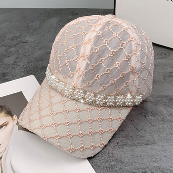 慕东诺夏季新款水钻珍珠女鸭舌帽子时尚洋气网纱显脸小女式棒球帽潮