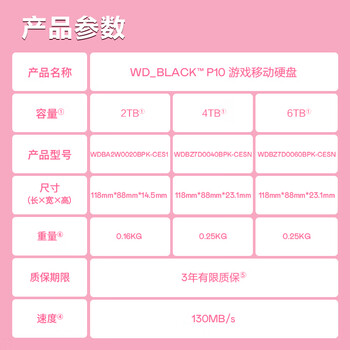 西部数据(WD)2TB移动硬盘130MB/s高速便携P10粉色存储外置机械硬盘外接PS5游戏手机笔记本电脑mac扩容 西部数据(WD)2TB移动硬盘130MB/s高速便携P10粉色存储外置机械硬盘外接PS5游戏手机笔记本电脑mac扩容