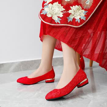 mgjo 结婚穿的婚鞋 新娘鞋子红色秀禾鞋秀禾婚鞋女平底粗跟3厘米结婚