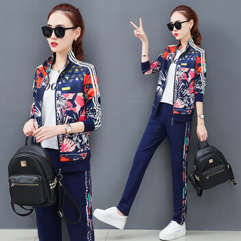 高端品牌运动服套装女春秋2022新款两件套时尚印花大码长袖立领外套