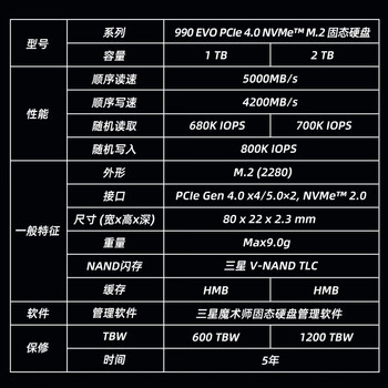 SAMSUNG 1TB SSD固态硬盘 M.2接口(NVMe协议PCIe4.0*4/5.0*2) AI电脑配件 笔记本扩容 990 EVO