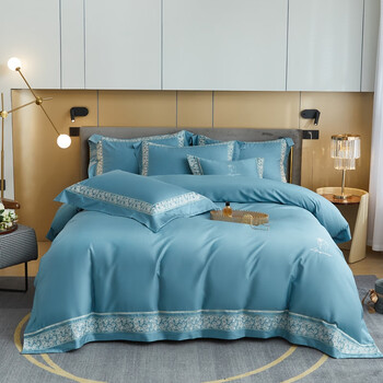 诺兰晨2023新款天丝棉高端绣花四件套拉斐尔天空蓝雾蓝15m5英尺床