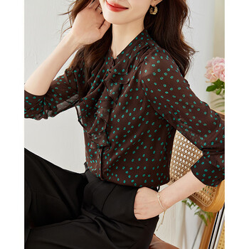 坠倾荷叶边长袖波点衬衫女秋季新款女士衬衣时尚女装雪纺上衣秋装碎花
