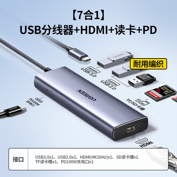 绿联Type-C扩展坞USB-C转换器雷电4拓展坞分线器笔记本iPad平板 7合1【HDMI+读卡器+USB+PD】35888