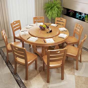 锐取餐桌中式现代简约实木圆桌凤尾雕花带转盘家用餐桌椅组合饭桌