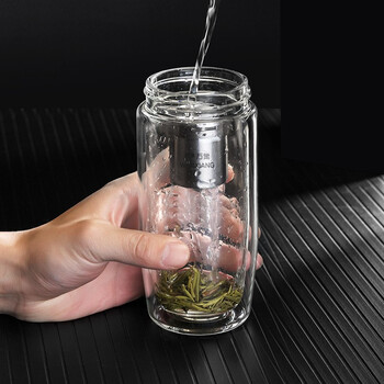 万象（WANXIANG）双层玻璃杯送男友便携茶水杯V17L商务办公大容量360ML带滤网水杯