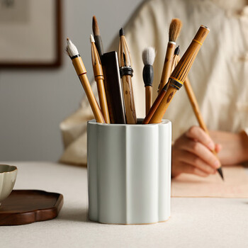 漢墨 汝窑海棠毛笔笔筒 大号容量陶瓷器学生毛笔收纳笔筒 文房四宝办公桌面高颜值瓷器摆件